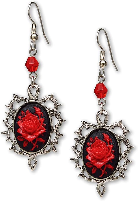 哥特式红玫瑰浮雕耳环 thorns 周围饰有红色珠子